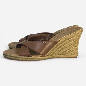 VTG Tommy Hilfiger Genuine Leather Camel Sandals Wedge Espadrilles Size US 9.5